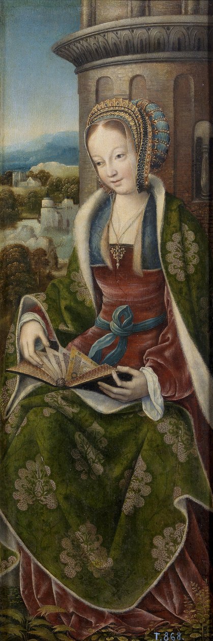 Barbe la grande martyre - Pyhän perheen triptyykki musiikin tekemisen enkelien kanssa. Oikea paneeli: Saint Barbara par Master of Frankfurt (1460-n. 1533), n. 1510-1520 - Öljy puulle, 79x27 - Museo del Prado, Madrid tekijältä Master of Frankfurt