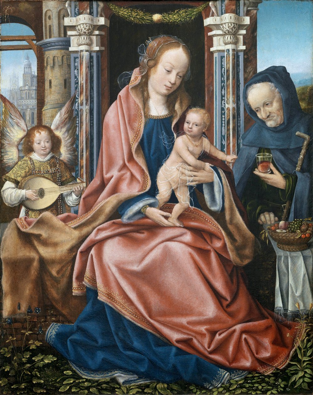 La sainte famille - Pyhän perheen triptyykki musiikkia tekevien enkeleiden kanssa - Panneau central, peinture du maitre de Francfort (versiot 1460-1533), n. 1510-1520 - Öljy puulle, 78x60 - Museo del Prado, Madrid tekijältä Master of Frankfurt