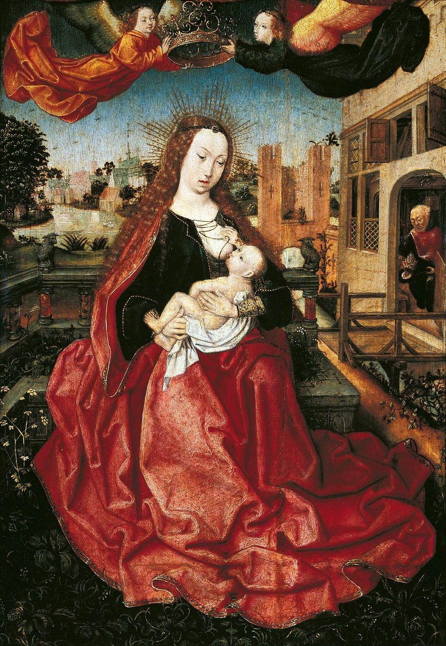 Kahden enkelin kruunaama Madonna ja lapsi, 1490-luku tekijältä Master of Frankfurt