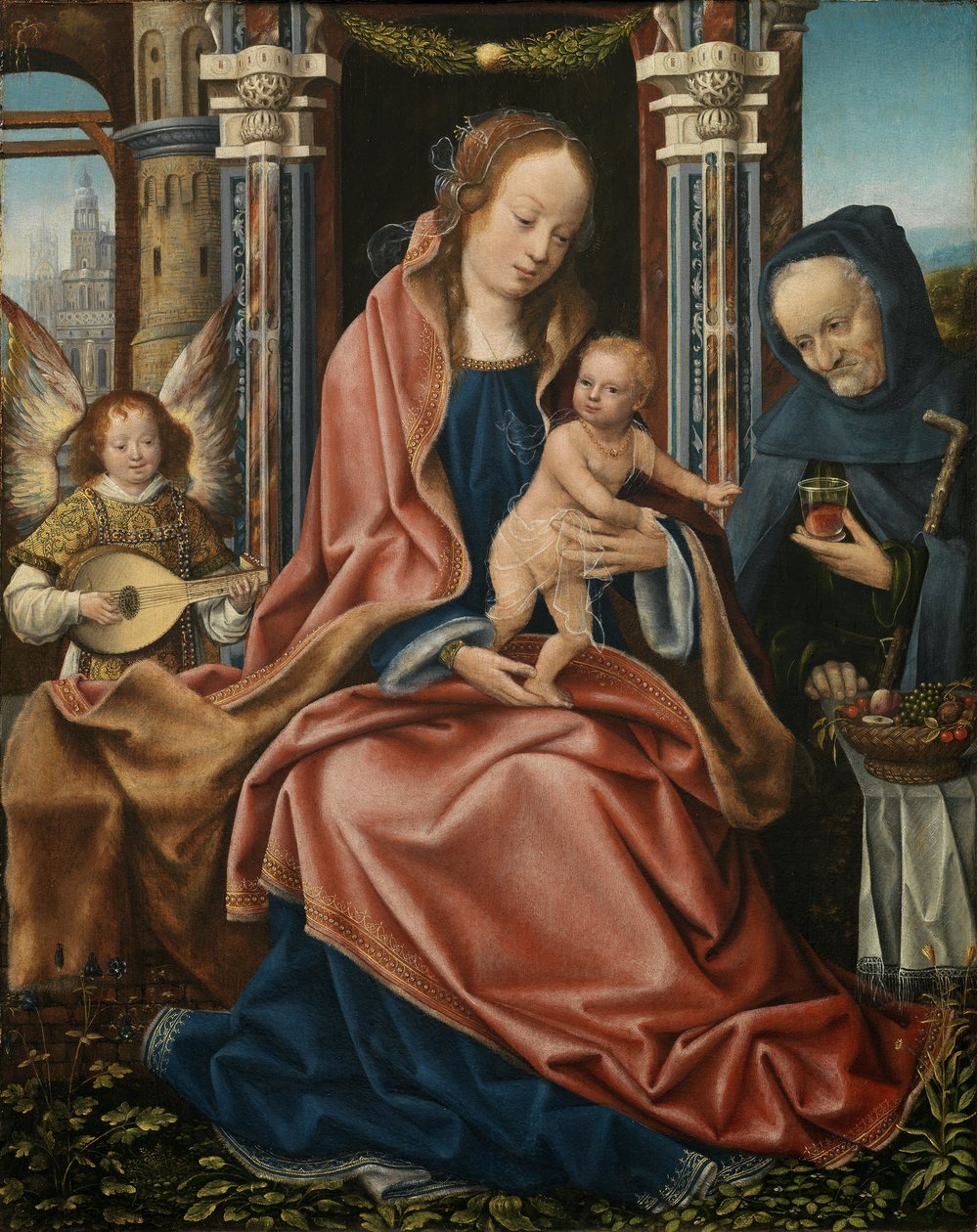 Pyhän perheen triptyykki musiikin tekemisen enkelien kanssa. Keskuspaneeli, noin 1510-1520 tekijältä Master of Frankfurt