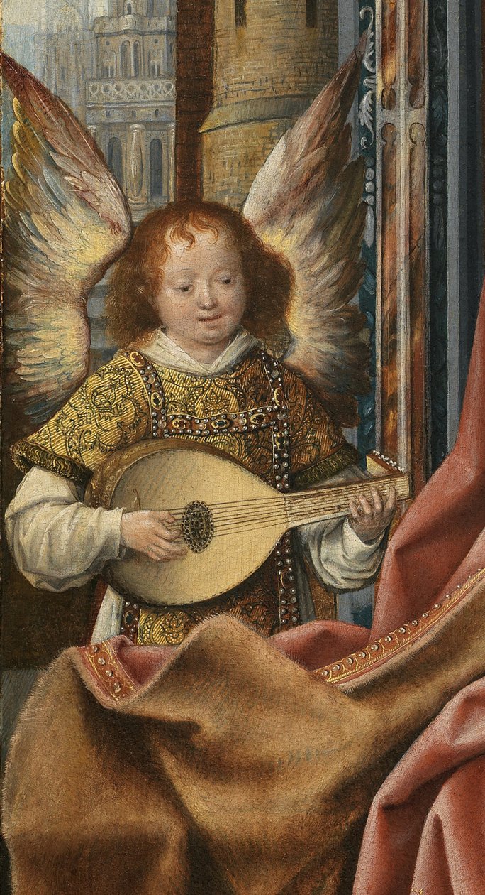 Pyhän perheen triptyykki musiikin tekemisen enkelien kanssa. Yksityiskohta: Enkeli, noin 1510-1520 tekijältä Master of Frankfurt
