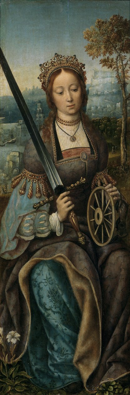 Pyhän perheen triptyykki musiikin tekemisen enkelien kanssa. Vasen paneeli: Pyhä Katariina, noin 1510-1520 tekijältä Master of Frankfurt