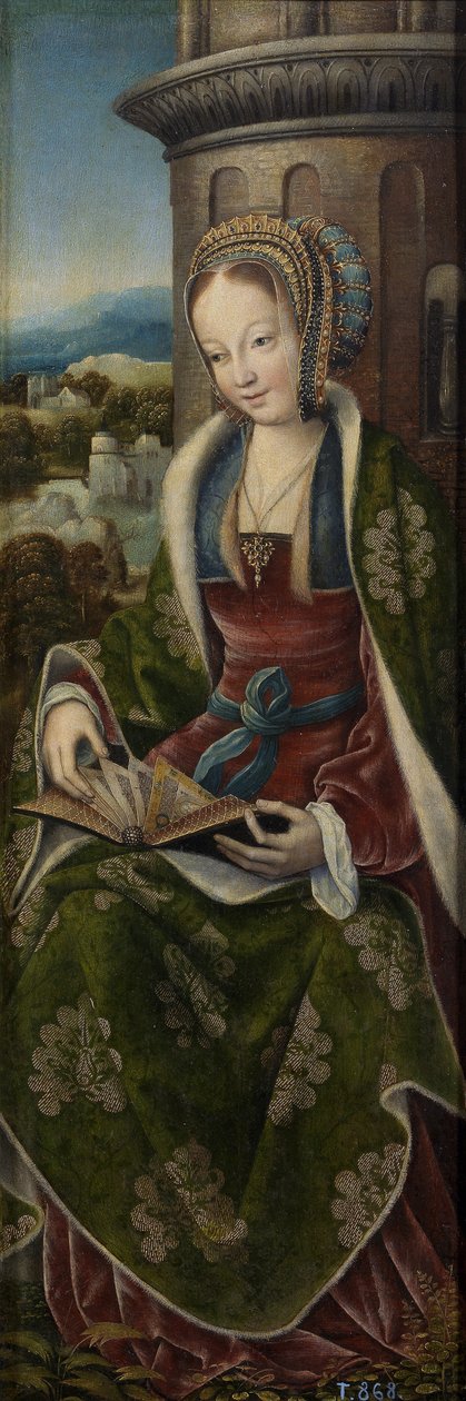 Pyhän perheen triptyykki musiikin tekemisen enkelien kanssa. Oikea paneeli: Saint Barbara, noin 1510-1520 tekijältä Master of Frankfurt