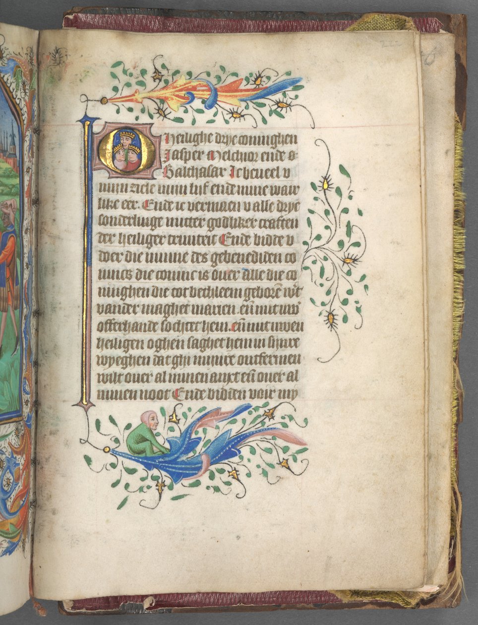 Tuntikirja Utrechtin käyttö: fol. 222r, Alkukirjain Three Kings, n. 1460-1465. tekijältä Master of Gijsbrecht van Brederode