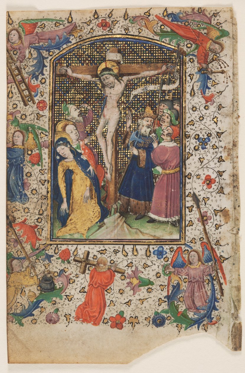 Lehti tuntikirjasta: Ristiinnaulitseminen, 1430-luku. tekijältä Master of Guillebert de Mets