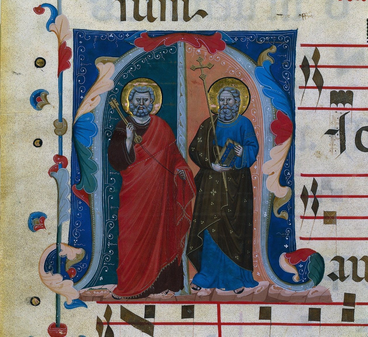 Lehti asteittaisesta alkukirjaimesta M: SS. Pietari ja Andreas, n. 1320-1340. tekijältä Master of Isaac and Esau