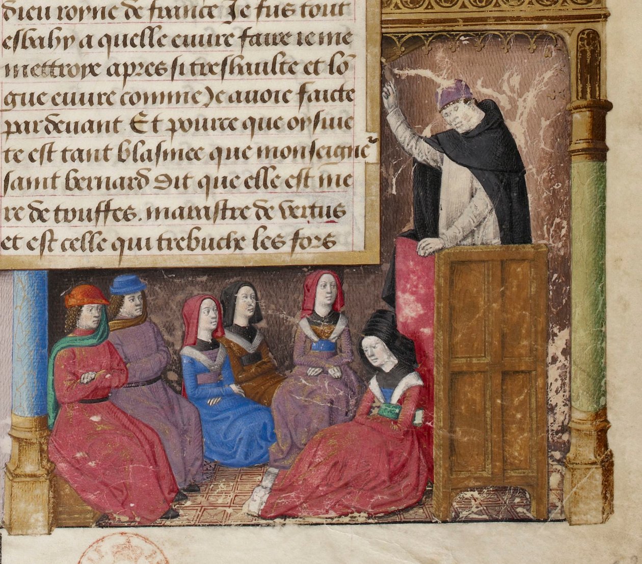 Jacques de Voragine saarnaa, yksityiskohta pienoiskuvasta Kultaisen legendan käsikirjoituksen etukuvasta. tekijältä Master of Jacques de Besançon