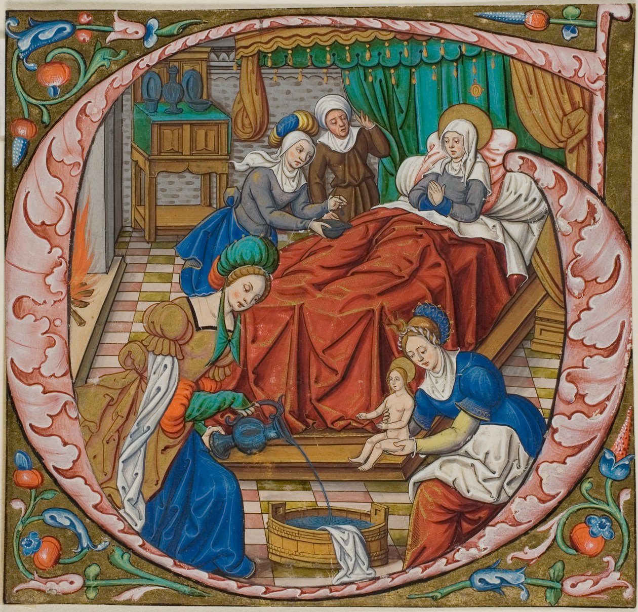 Neitsyen syntymä antifonaalin historiallisella alkukirjaimella "G". tekijältä Master of Jacques de Besançon
