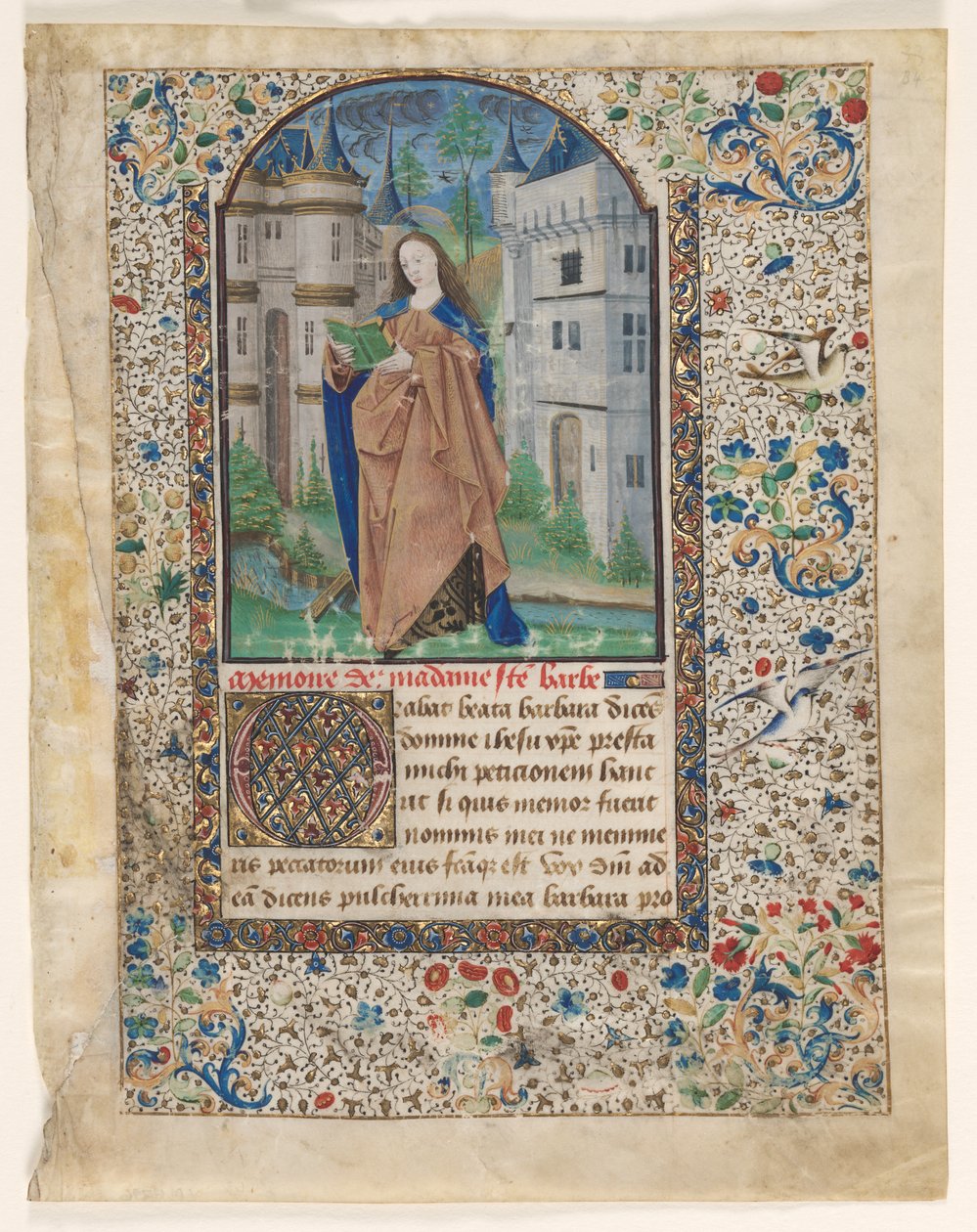 Lehti tuntikirjasta: St. Barbara (2/2 leikattua lehteä) tekijältä Master of Jacques de Luxembourg