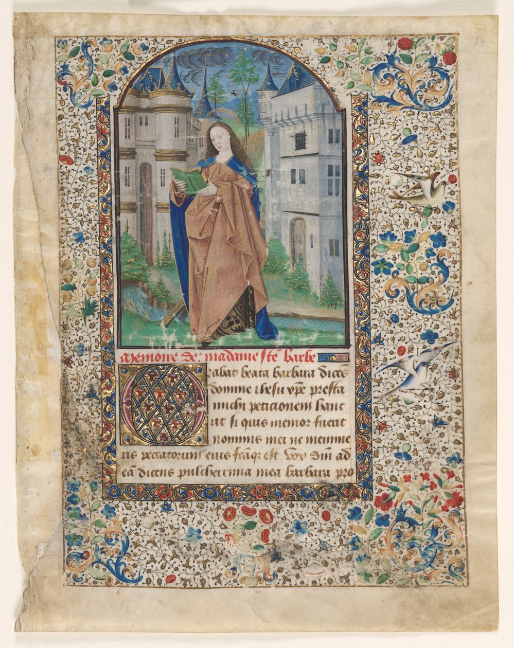 Lehti tuntikirjasta: St. Barbara 2/2 leikattua lehteä, n. 1465. tekijältä Master of Jacques de Luxembourg