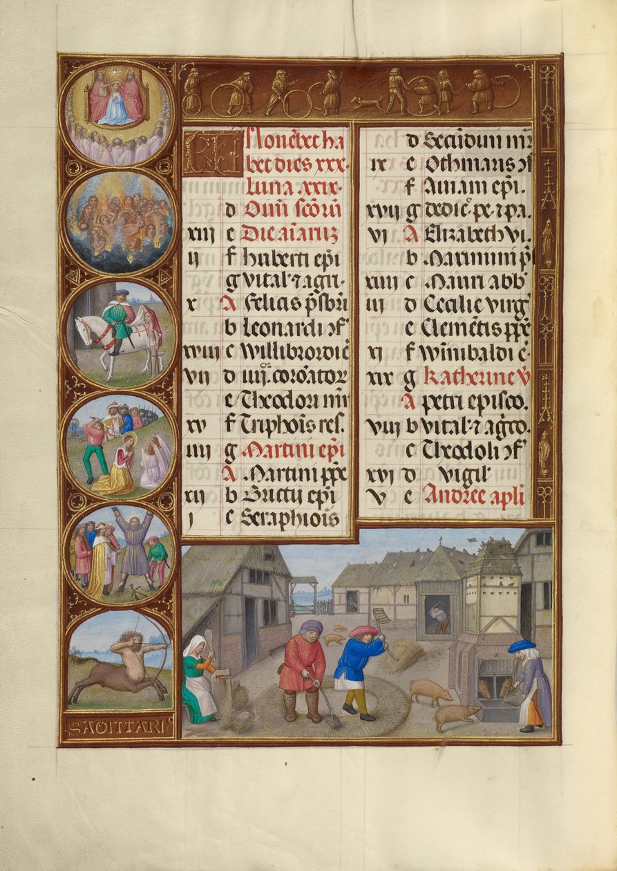 Marraskuun kalenterisivu; Kyntäminen ja sikojen ruokinta; Jousimies tekijältä Master of James IV of Scotland