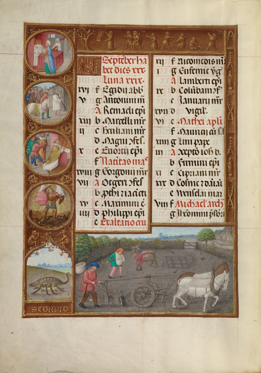 Syyskuun kalenterisivu; Kyntö ja kylvö; Skorpioni tekijältä Master of James IV of Scotland