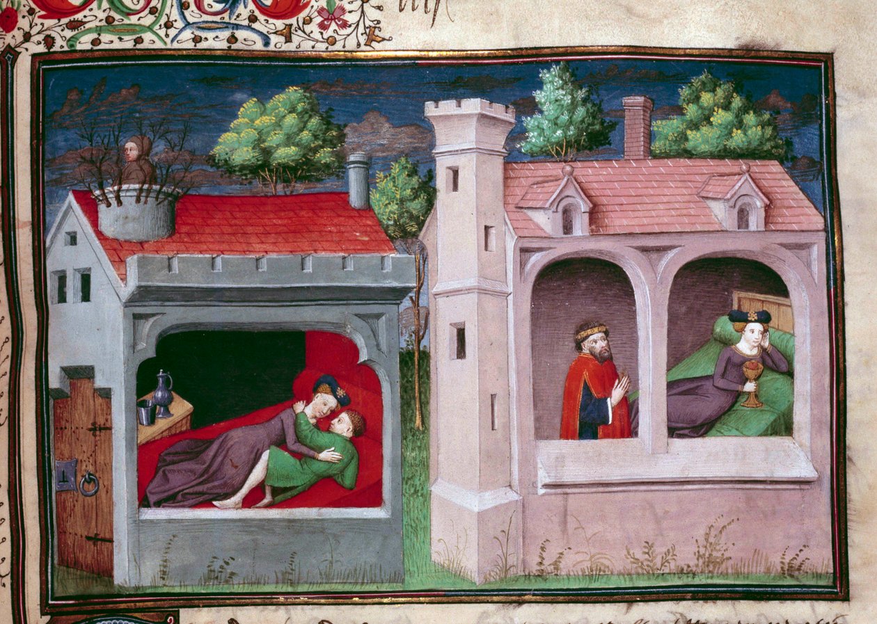 Upea kohtaus: kaksi pariskuntaa puhumassa. Italialaisen kirjailijan Giovanni Boccaccio dit Jean Boccacen (1313-1375) "Decameron" -käsikirjoituksen ranskankielinen sivu Manselin mestarin valaisemana. 1450. Pariisi, Arsenaalin kirjasto tekijältä Master of Jean Mansel
