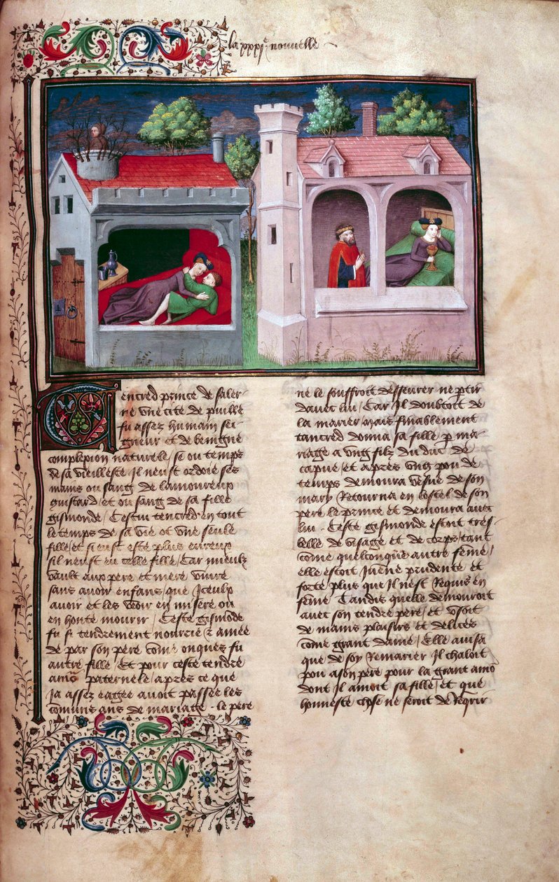 Upea kohtaus: kaksi pariskuntaa puhumassa. Italialaisen kirjailijan Giovanni Boccaccio dit Jean Boccacen (1313-1375) "Decameron" -käsikirjoituksen ranskankielinen sivu Manselin mestarin valaisemana. 1450. Pariisi, Arsenaalin kirjasto tekijältä Master of Jean Mansel