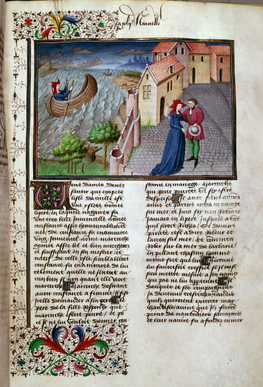 Italialaisen kirjailijan Giovanni Boccaccio dit Jean Boccaccion (1313-1375) "Dekameronin" ranskankielisestä käsikirjoituksesta otettu lähtösivu Manselin mestarin valaisemana. 1450. Pariisi, Arsenaalin kirjasto tekijältä Master of Jean Mansel