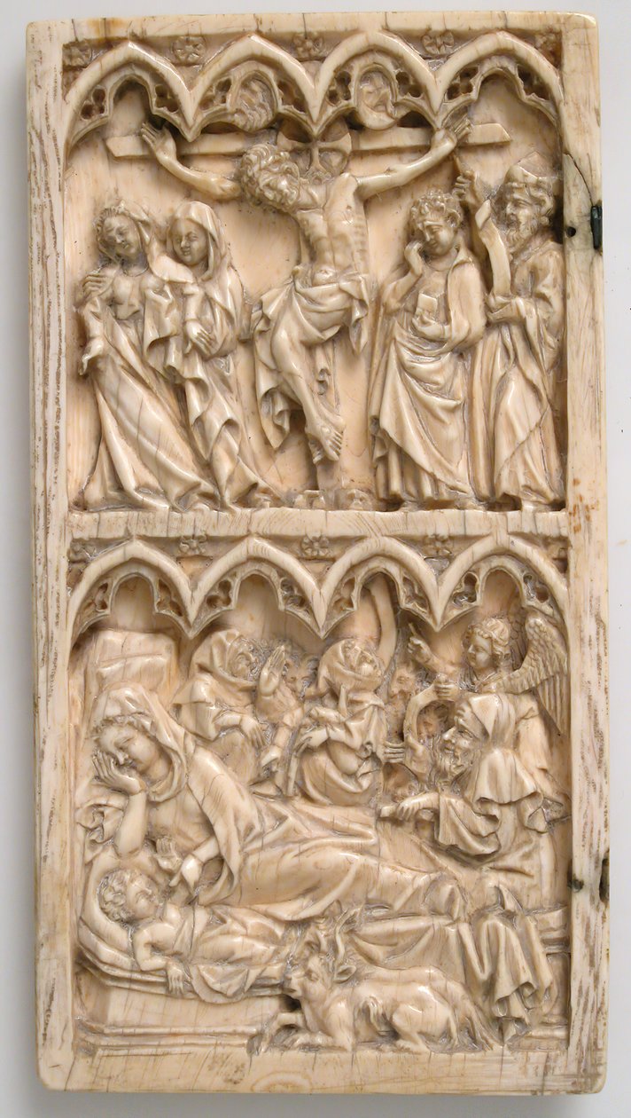 Diptyykin lehti ristiinnaulitsemisen ja syntymän kanssa, saksa, n. 1375-1400. tekijältä Master of Kremsmunster