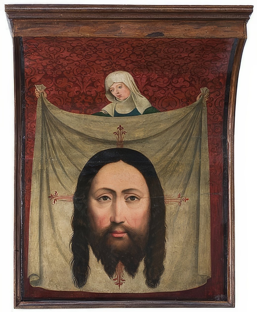 Lünen-alttarilta, yksityiskohta: Pyhän Veronican nenäliina. Noin 1470/90 tekijältä Master of Liesborn