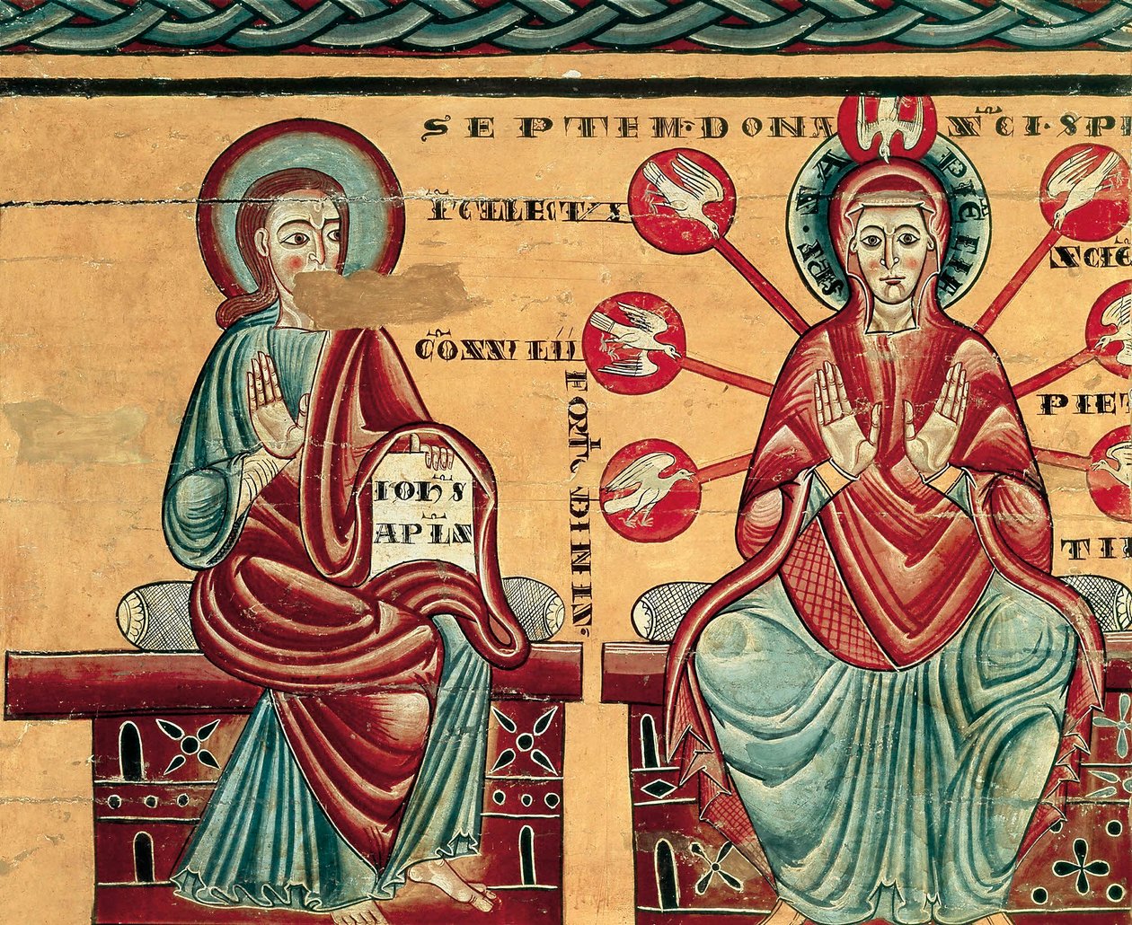 Maria vastaanottamassa Pyhän Hengen lahjoja, yksityiskohta (tempera puussa) tekijältä Master of Lluca