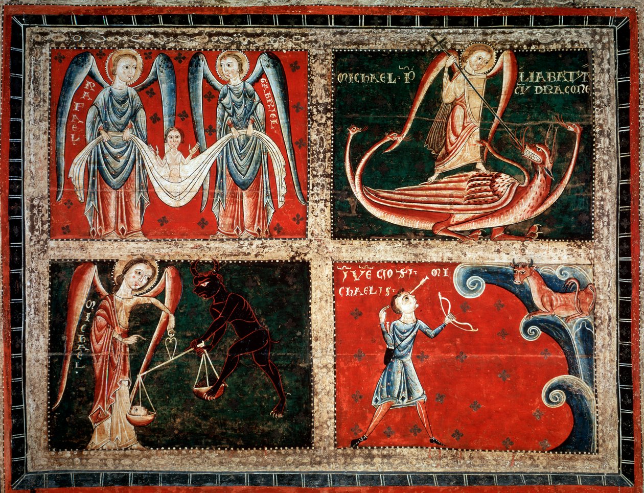 Arkkienkelit Rafael, Michel ja Gabriel (Arkkienkelit Mikael, Gabriel ja Rafael) Llussan mestarin maalaus (Llussan mestarin maalaus) 1220-1250 Santa Maria de Llucan luostarista, Espanjasta Barcelona Museu Nacional d