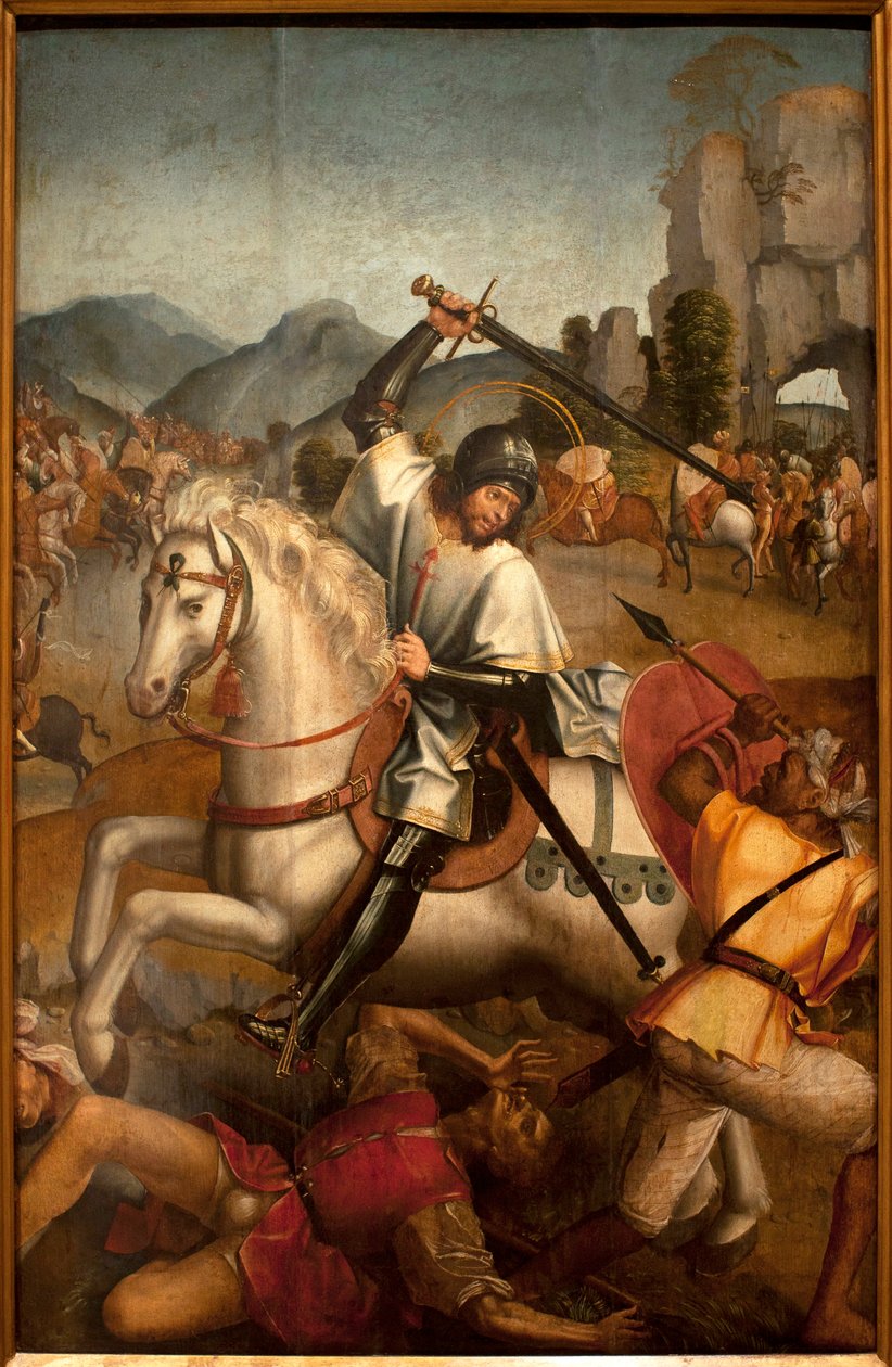 Saint Jacques combat les moures - Maalaus attribuee au maitre de Lourinha, öljy puulle, noin 1520 (St James taistelee nummia vastaan, kirjoittanut Lourinhan mestari, öljy paneelille, noin 1520) - Lissabonin muinaisten taiteiden museo (Portugali) tekijältä Master of Lourinha