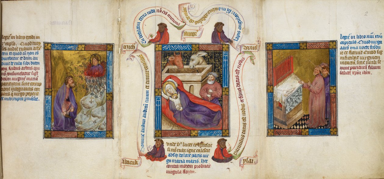 Kolme kohtausta, jotka kuvaavat "syntymää", "Moosesta ja palavaa pensasta" ja "Aaronin sauvan orastumista", kuvitus teoksesta "Biblia Pauperum" tekijältä Master of Margaret of Cleves