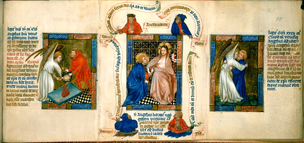 Kolme kohtausta, jotka kuvaavat "Kristus vakuuttaa Thomasin", "Gideomin uhri" ja "Jaakob painii enkelin kanssa", kuvitus teoksesta "Biblia Pauperum" tekijältä Master of Margaret of Cleves