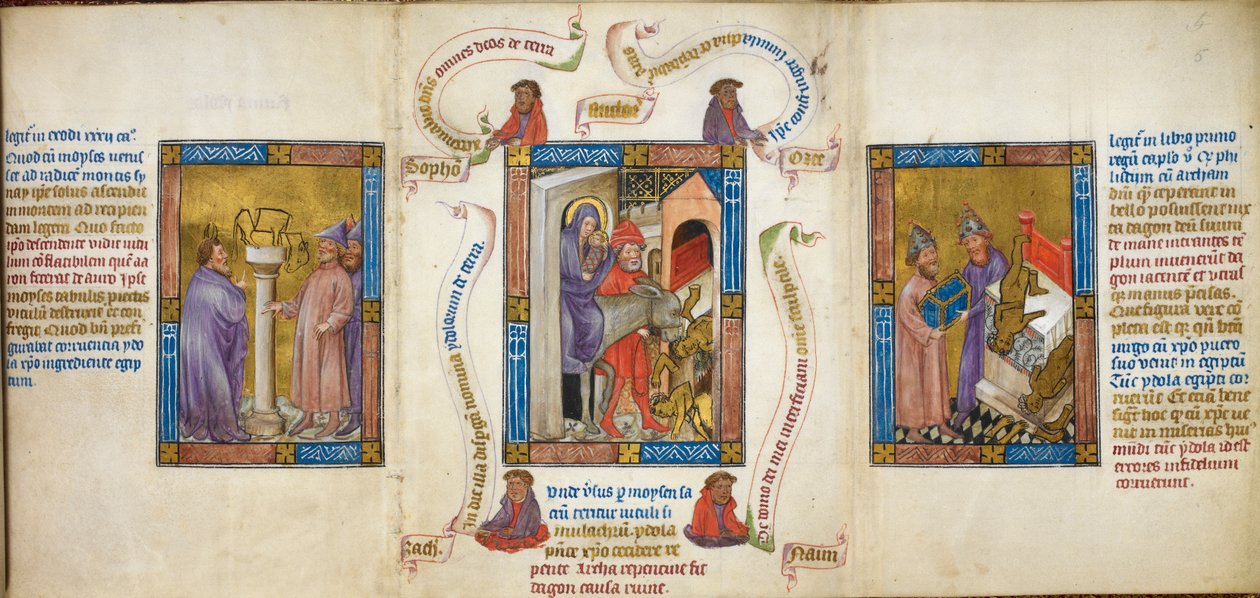 Kolme kohtausta, jotka kuvaavat "lento Egyptiin", "Mooses murtaa kultaisen vasikan" ja "Dagon putoaa arkin eteen", kuvitus "Biblia Pauperumista" tekijältä Master of Margaret of Cleves
