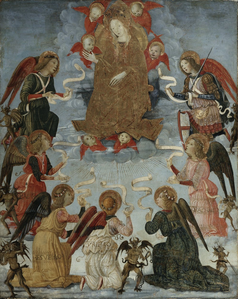 Neitsyt kunniassa seitsemän arkkienkelin ympäröimänä, n. 1490-1500 tekijältä Master of Marradi