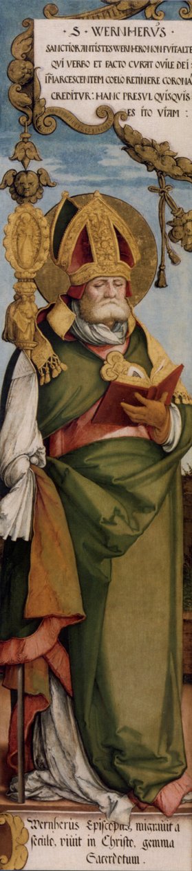St. Martinin kirkon entisen pääalttarin vasemman pyörivän siiven ulkopuolella Merseburgin piispa St. Werner; Maastricht, Bonnefanten Museum, inventaario nro. N.K. 1633 tekijältä Master of Messkirch