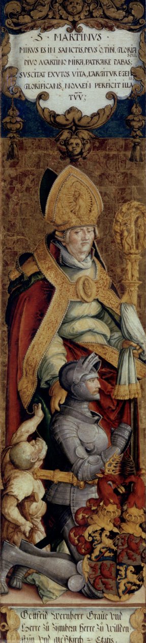 Saksa: Der Heilige Martin mit Bettler und dem Stifter Gottfried Werner von Zimmern Pyhä Martin kerjäläisen ja lahjoittajan kanssa Gottfried Werner of Zimmern tekijältä Master of Messkirch