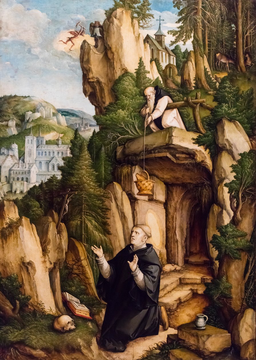 Pyhä Benedictus rukoilevana erakko, n. 1540 (tempera ja öljy puulle (basswood)) tekijältä Master of Messkirch
