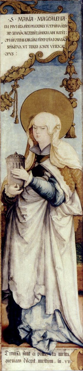 Pyhän Martinuksen kirkon entisen pääalttarin, Pyhän Maria Magdalenan, todellinen siipiulkopuoli; State Gallery Stuttgart, entinen Donaueschingen, Fürstenberg Kokoelmat inv. nos. 73-75 tekijältä Master of Messkirch