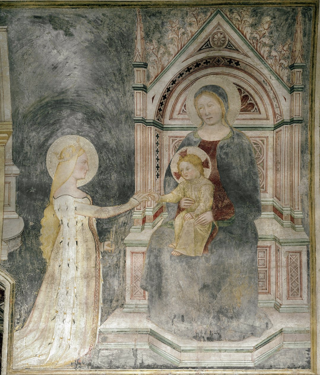 Kristuksen hengellinen avioliitto Pyhän Maria Magdaleenan kanssa, yksityiskohta. (noin 1377, fresko kankaalle) tekijältä Master of Mocchirolo