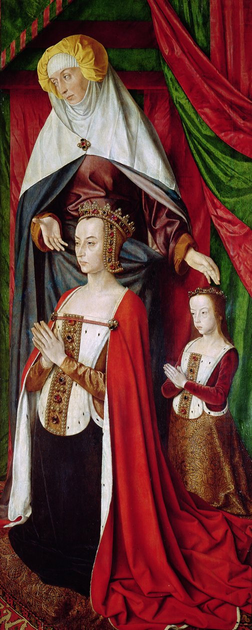 Bourbon-alttaritaulu, oikeanpuoleinen paneeli, joka esittää Pyhää Annaa esittämässä Ranskan Annaa (1476-1514) ja hänen tytärtään Suzanne of Bourbonista (1491-1521) n. 1498 tekijältä Master of Moulins