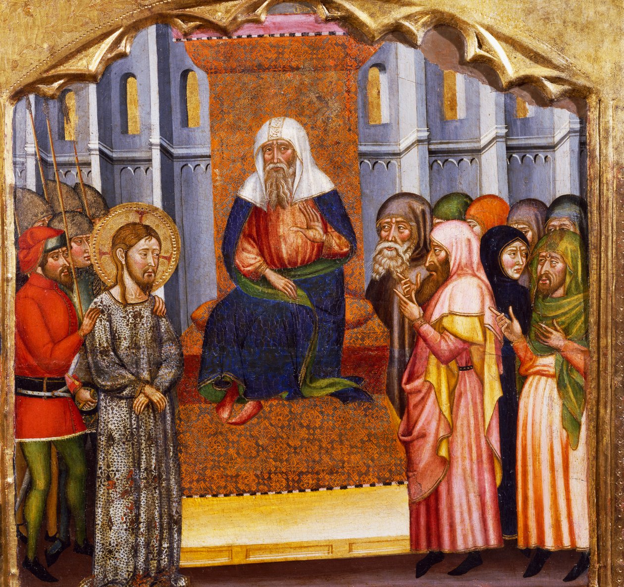 Jeesuksen oikeudenkäynti, Rubion mestari (1300-luku), Santa Marian kirkon alttaritaulun predella, Rubio, maalaus puulle. tekijältä Master of Rubió