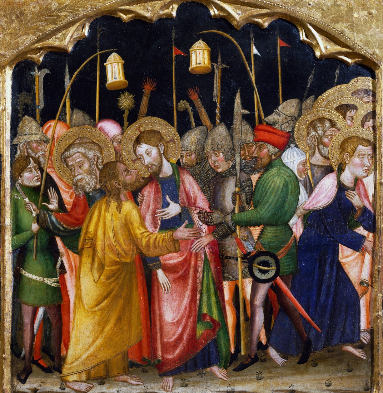 Juudaksen suudelma, Rubion mestari (1300-luku), Santa Marian kirkon alttaritaulun predella, Rubio, maalaus puulle. tekijältä Master of Rubió