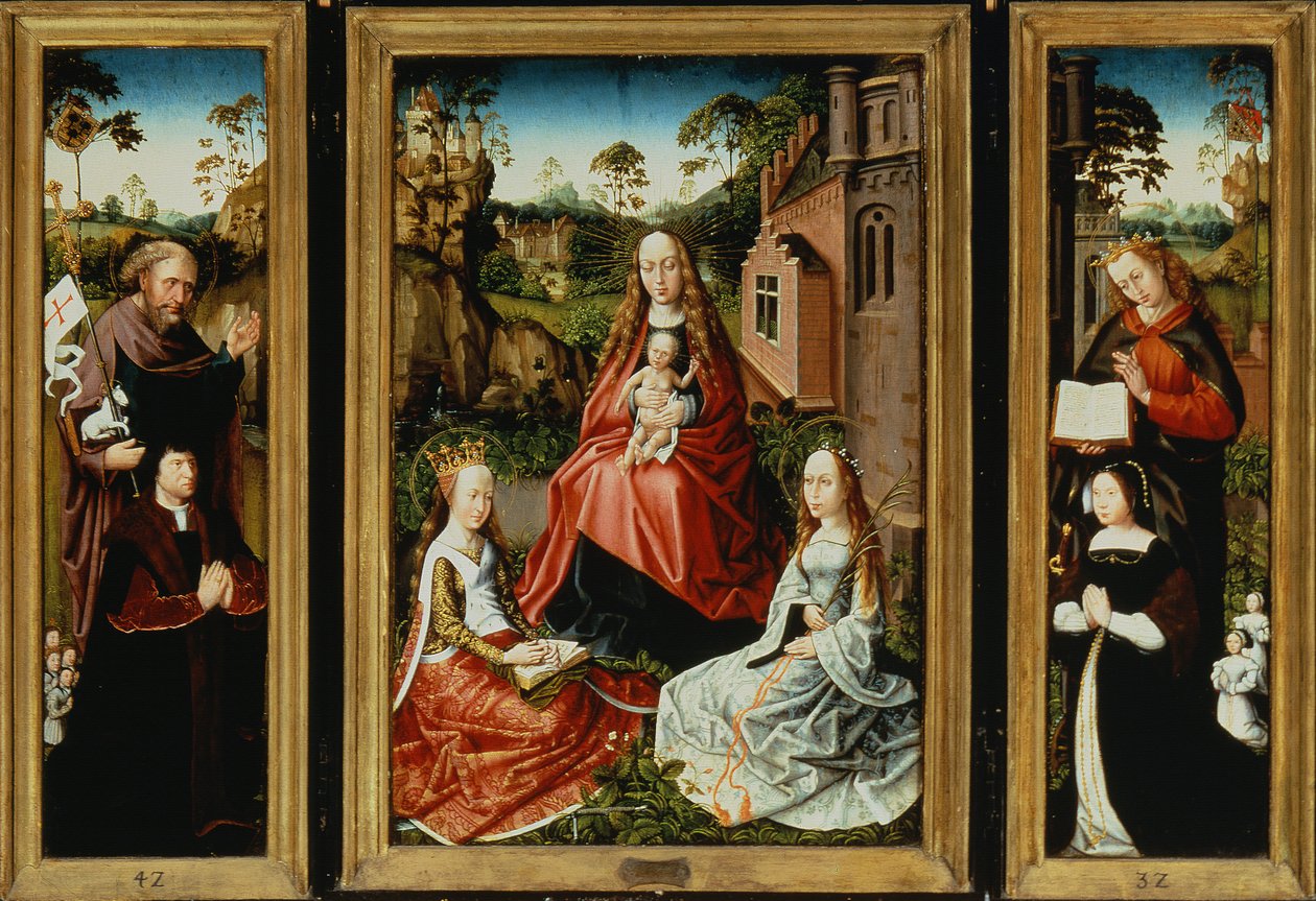 Madonna ja lapsi pyhien ja lahjoittajien kanssa (öljy paneelissa) tekijältä Master of Saint Anna