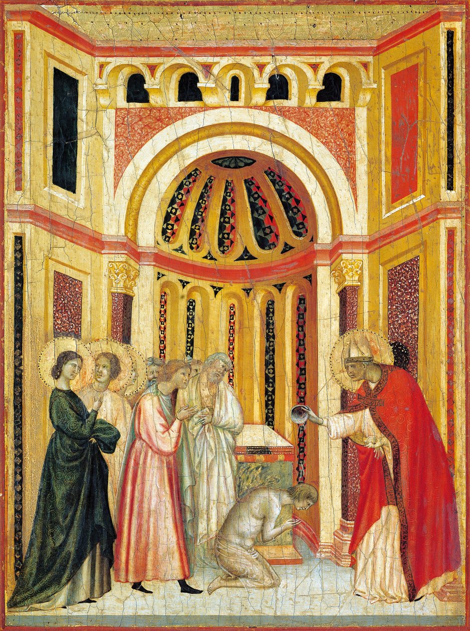 Piispa Urban kastaa Tiburcioa, yksityiskohta alttaritaulusta Legend of St Cecilia, noin 1304, mestari Saint Cecilia (toimii 1300-luvun alussa), tempera paneelissa ja kultalehti leimattu, 85x181 cm tekijältä Master of Saint Cecilia