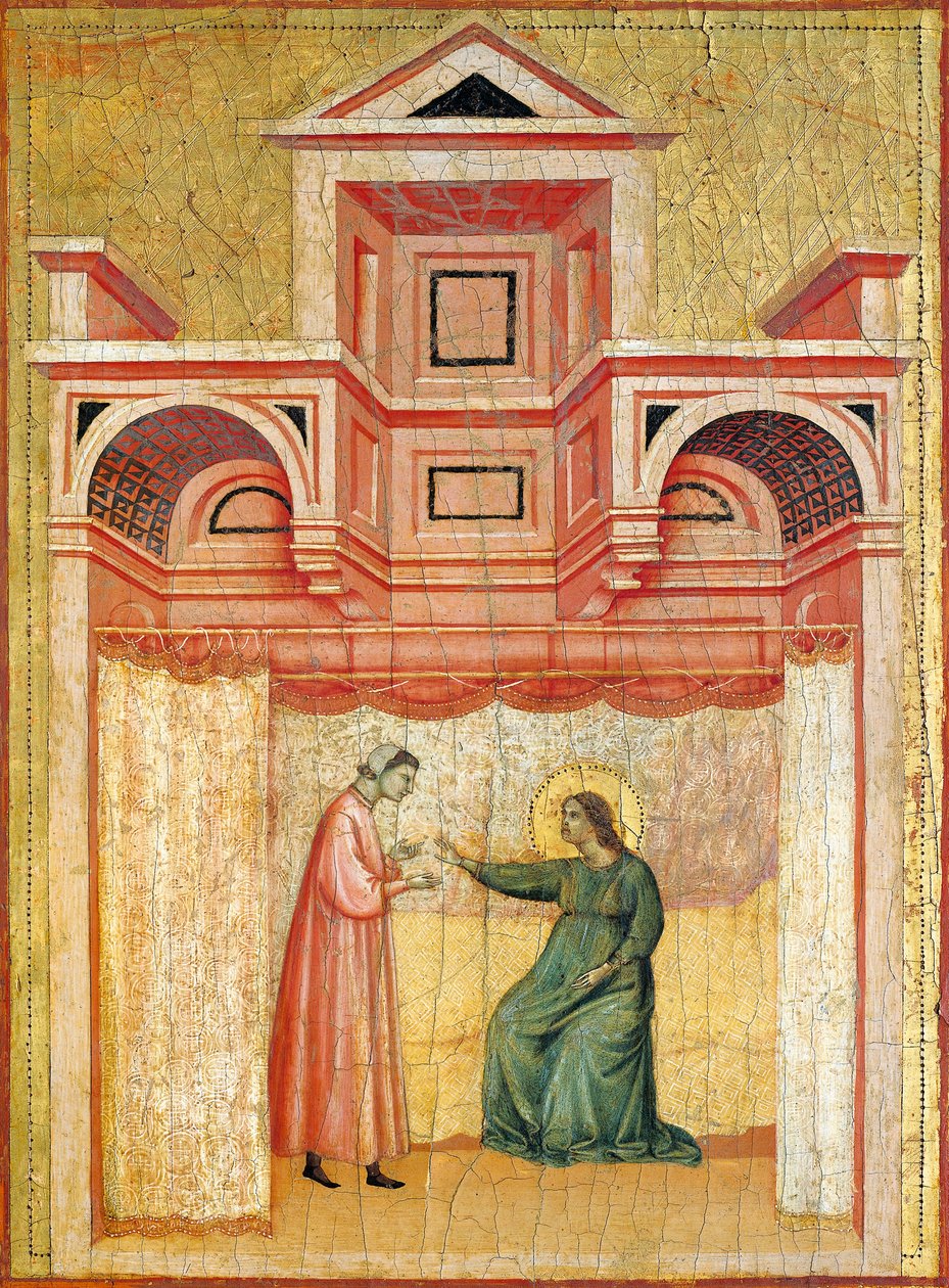 Cecilia suostuttelee miehensä Valerianin kasteeseen, yksityiskohta alttaritaulusta, joka kuvaa Pyhän Cecilian legendaa, noin 1304, mestari Saint Cecilia (toimii 1300-luvun alussa), tempera paneelissa ja kultaleima, 85x181 cm tekijältä Master of Saint Cecilia