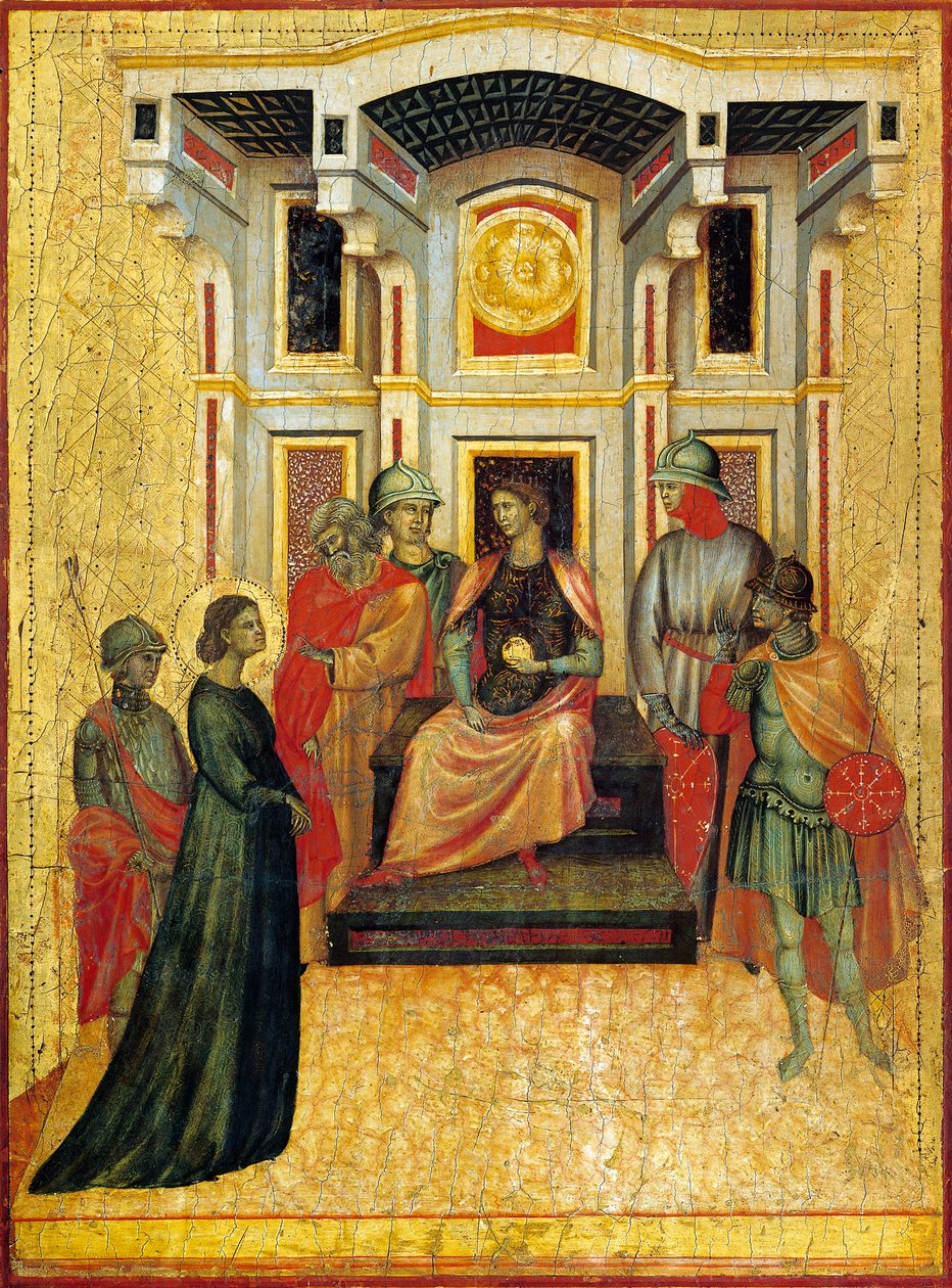 Pyhä Cecilia asettaa uskonasioita vastakkain prefektille, yksityiskohta alttaritaulusta, joka kuvaa Pyhän Cecilian legendaa, noin 1304, mestari Saint Cecilia (toimii 1300-luvun alussa), tempera paneelissa ja kultaleima, 85x181 cm tekijältä Master of Saint Cecilia