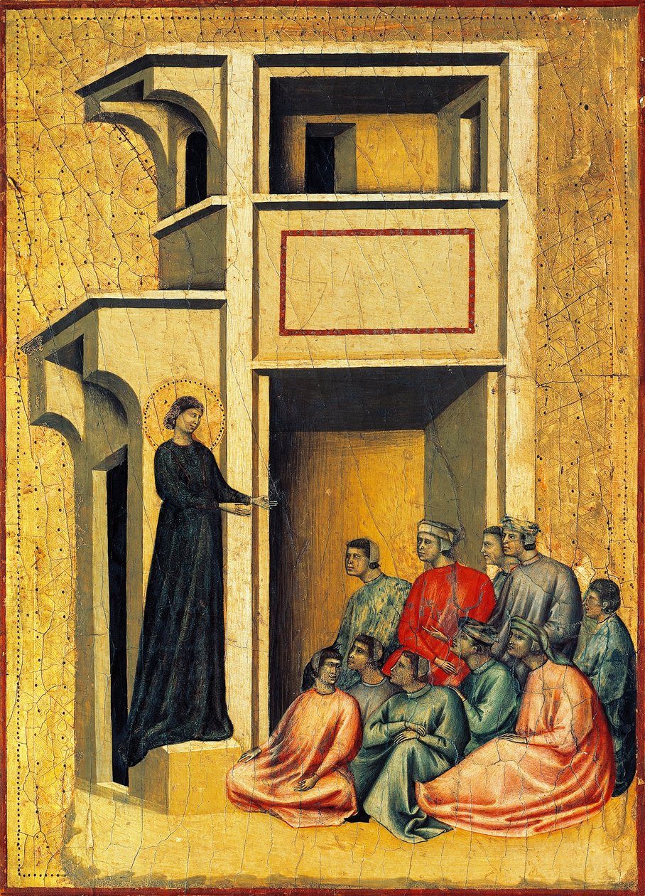 Pyhä Cecilia käännyttävä prefektin sotilaita, yksityiskohta alttaritaulusta, joka kuvaa Pyhän Cecilian legendaa, noin 1304, mestari Saint Cecilia (toimii 1300-luvun alussa), tempera paneelissa ja kultalehti leimattu, 85x181 cm tekijältä Master of Saint Cecilia