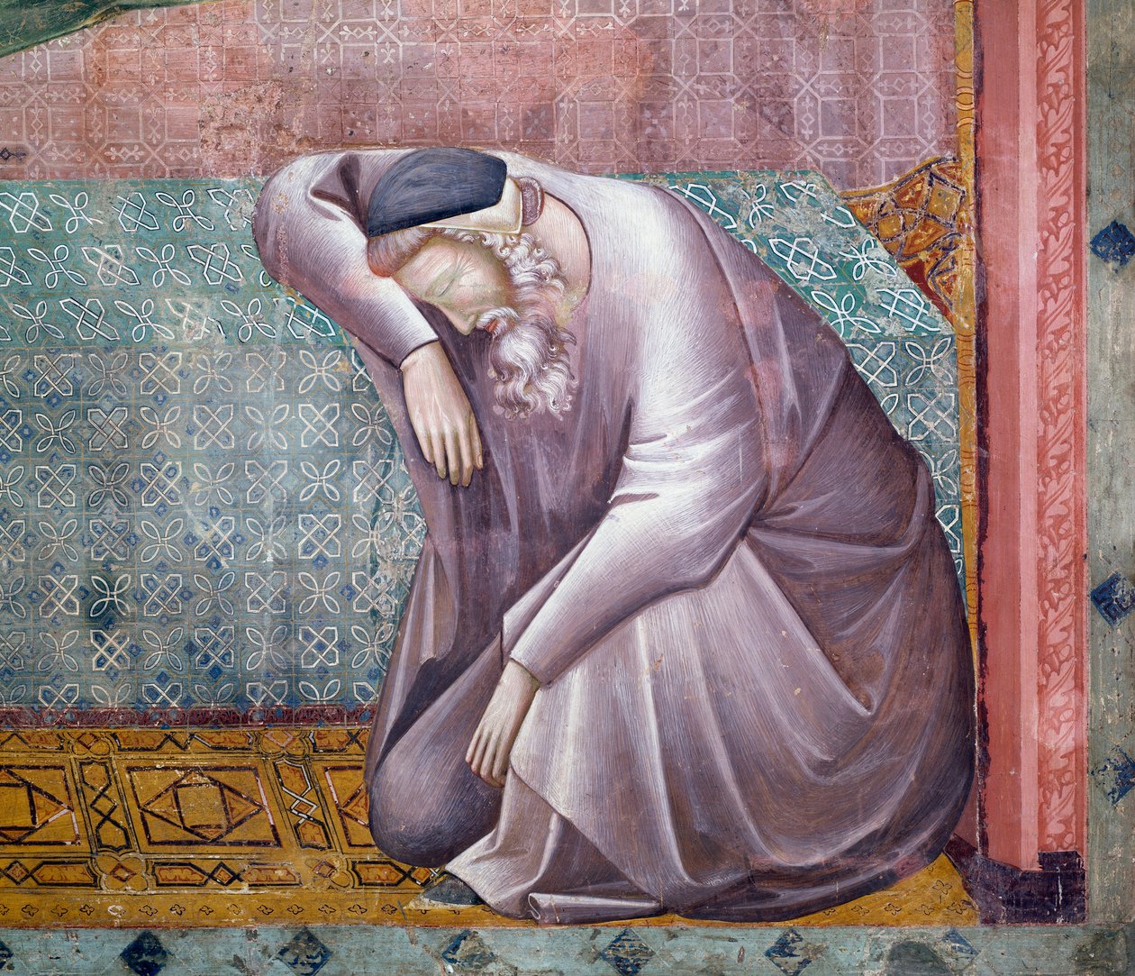Pyhän Franciscuksen tarinat, yksityiskohta Gregorius IX:n ilmestymisestä, Pyhän Cecilian (1200-1300-luvulla) fresko, Yläkirkko, Pyhän Franciscuksen Assisilaisen paavin basilika (UNESCOn maailmanperintöluettelo, 2000), Assisi, Umbria, Italia tekijältä Master of Saint Cecilia