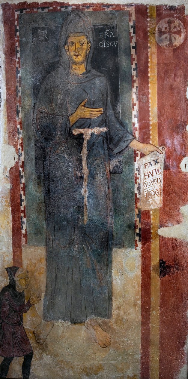 Pyhän Francois Assisilaisen (1181-1226) esitys Tämä on varmasti ensimmäinen esitys pyhimyksestä, joka teloitettiin hänen ollessaan elossa, ilman leimautumista ja ilman aureolia. Hänellä on paperi tai hänelle on kirjoitettu latinaksi "" Pax huic Domui"" (Ra tekijältä Master of Saint Francis of Assisi
