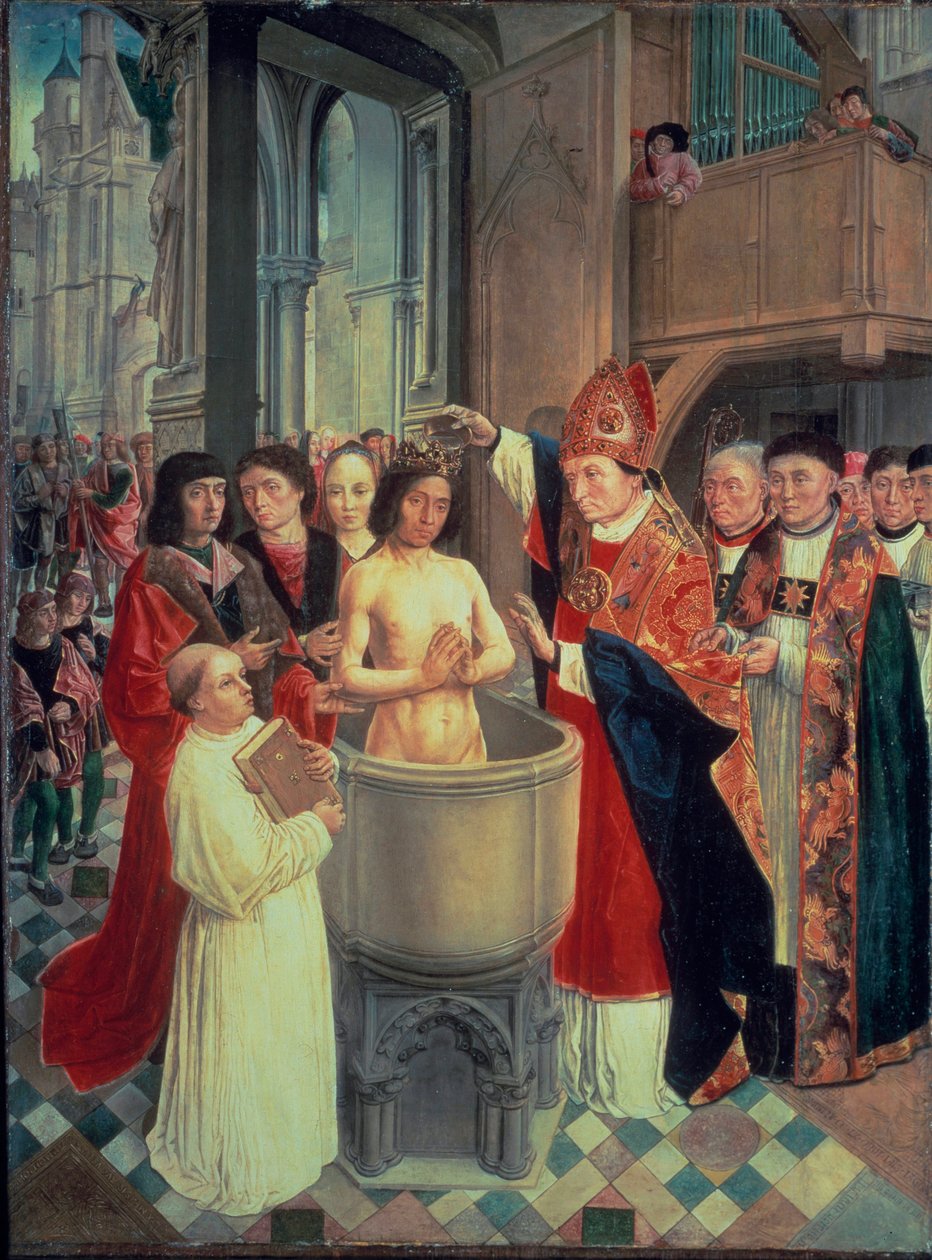 Pyhän Remin Clovis I:n kaste Reimsissä 25.12.496 (tai 499), n. 1490-1510 (öljy paneelissa) tekijältä Master of Saint Giles