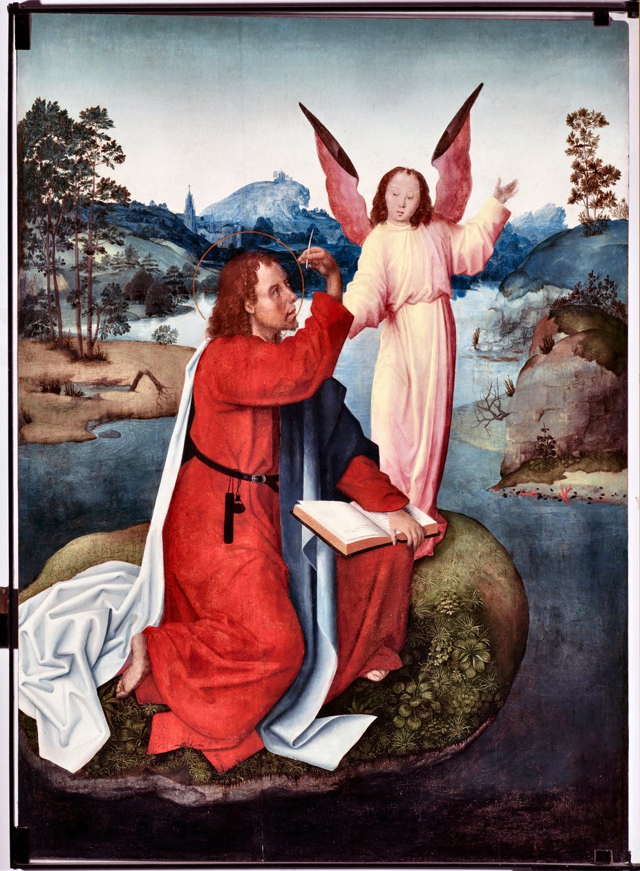 Episodi Pyhän Johanneksen evankelistan elämästä: ”” Saint John a Patmos”” (St Johnin evankelista, St John in Patmos) San Giovanni evangelistan (Saint John Evangelista) maalaus (1400-luvun loppu) Koko 120x90 cm Genes, Musei di Strada Nuo tekijältä Master of Saint John Evangelist