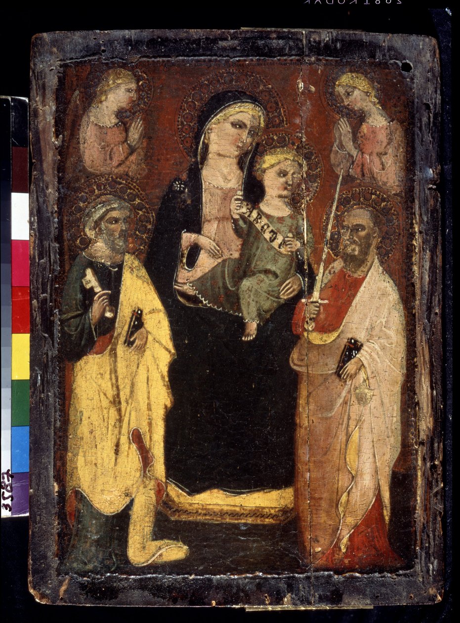 "Madonna ja lapsi valtaistui pyhien Pietarin ja Paavalin kanssa" (Madonna ja lapsi valtaistui pyhien Pietarin ja Paavalin kanssa) San Jacopon mestarin maalaus puulle Mucianossa (1400-luku) Pushkin-museo, Moskova tekijältä Master of San Jacopo a Mucciana