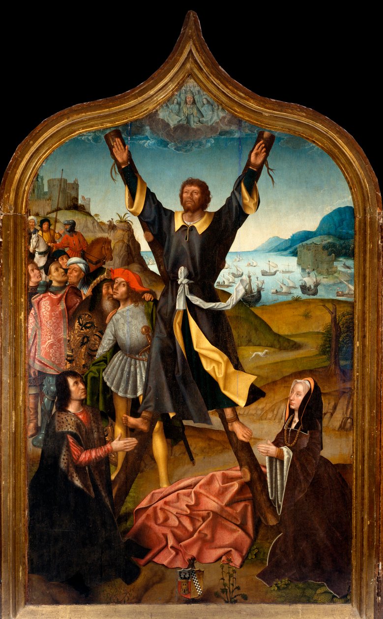 Tryptic: "" Saint Andren marttyyrikuolema"" San Lorenzon mestarin maalaus. San Lorenzo della Costan seurakunta, Santa Margherita Ligure (Genova) tekijältä Master of San Lorenzo