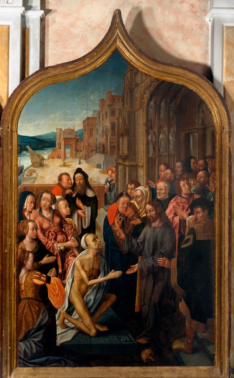Tryptic: "" Lasaruksen ylösnousemus"" San Lorenzon mestarin maalaus. San Lorenzo della Costan seurakunta, Santa Margherita Ligure (Genova) tekijältä Master of San Lorenzo