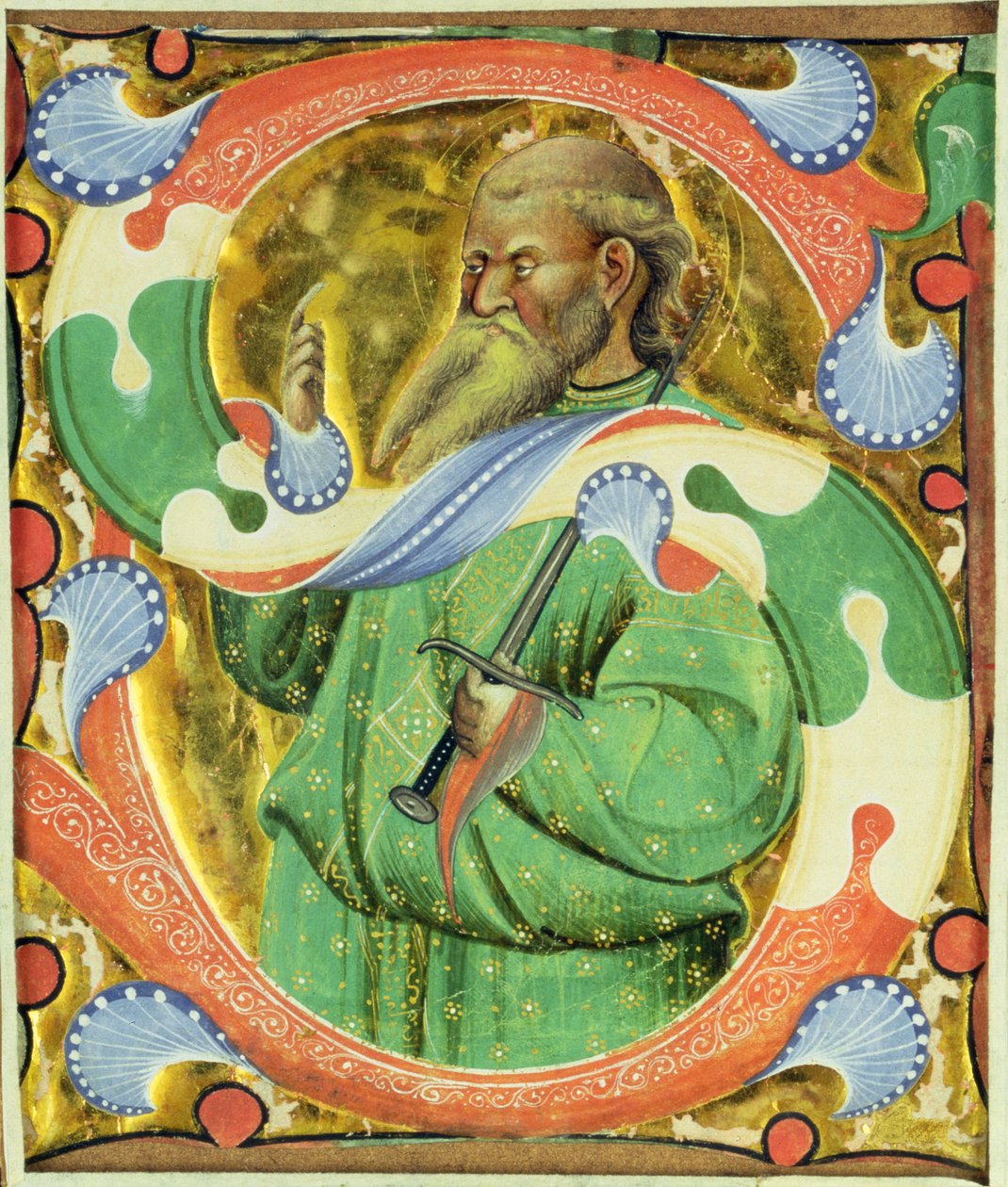 Historiallinen S-kirjain, joka kuvaa Pyhää Paavalia. tekijältä Master of San Michele of Murano