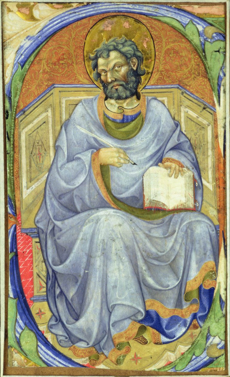 Historioitu alkukirjain "S", joka kuvaa istuvaa evankelistaa tekijältä Master of San Michele of Murano